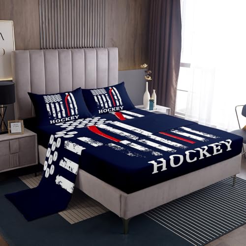 Image of Castle Fairy American Flag Bed Sheet Set Kids Ice Hockey Sheets Set 4pc Retro Creativity Microfiber Soft Bedding Set,1 Flat Sheet,1 Deep Pocket Fitted Sheet,2 Pillow Cases(Queen Size)
