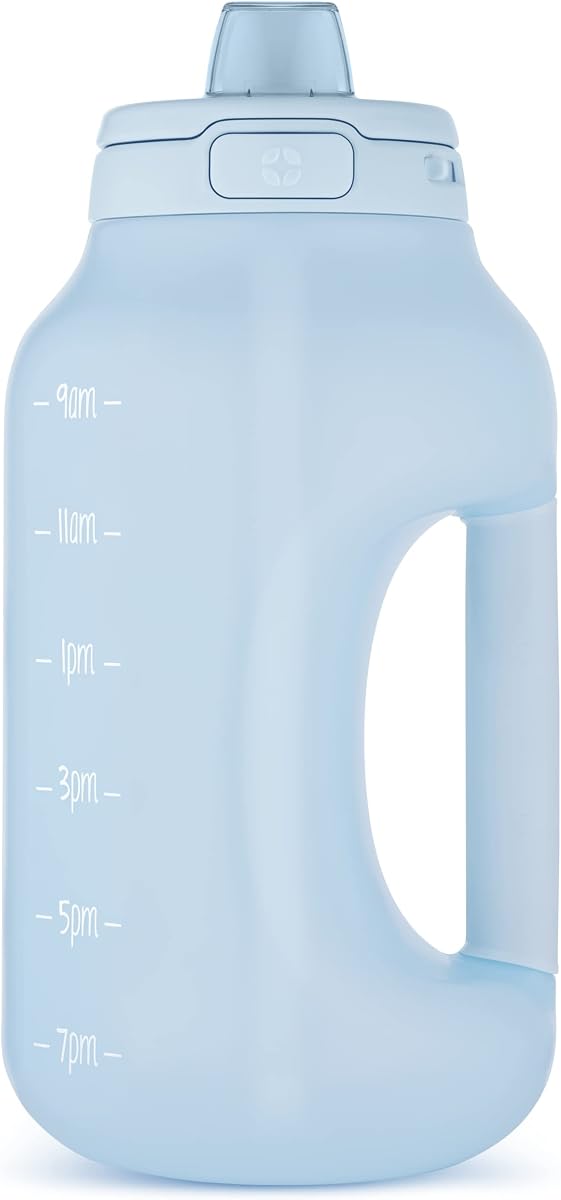 Ello Hydra 64oz Half Gallon Water Jug with Handle and Motivational Time Markers for All Day Hydration, Plastic Reusable Water Bottle with Straw and Locking, Leak Proof Lid, BPA Free, Halogen Blue | Large plastic water bottle jug for all day hydration with time markers, carry loop, straw, leakproof lid, and BPA-free
