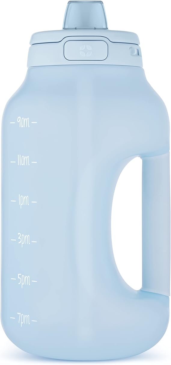 Ello Hydra 64oz Half Gallon Water Jug with Handle and Motivational Time Markers for All Day Hydration, Plastic Reusable Water Bottle with Straw and Locking, Leak Proof Lid, BPA Free, Halogen Blue