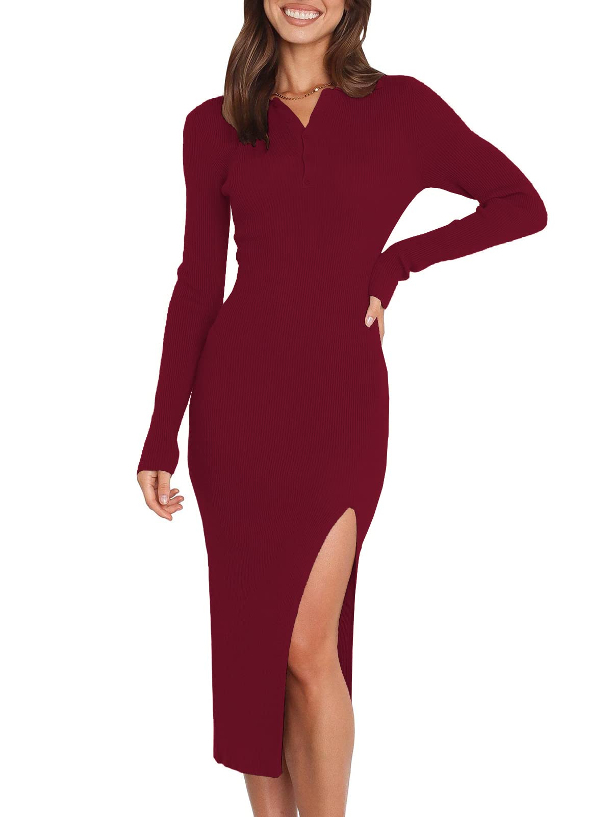Photo 1 of DEEP SELF Women Midi Sweater Dress V Neck Button Down Long Sleeve Midi Dress with Slit Collared Ribbed Knit Dress X-Large 5-burgundy