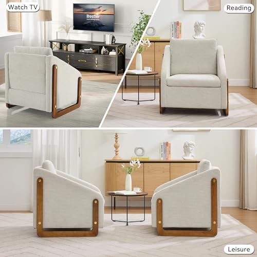 Sillón tapizado chenille beige con estructura de madera miniatura 4