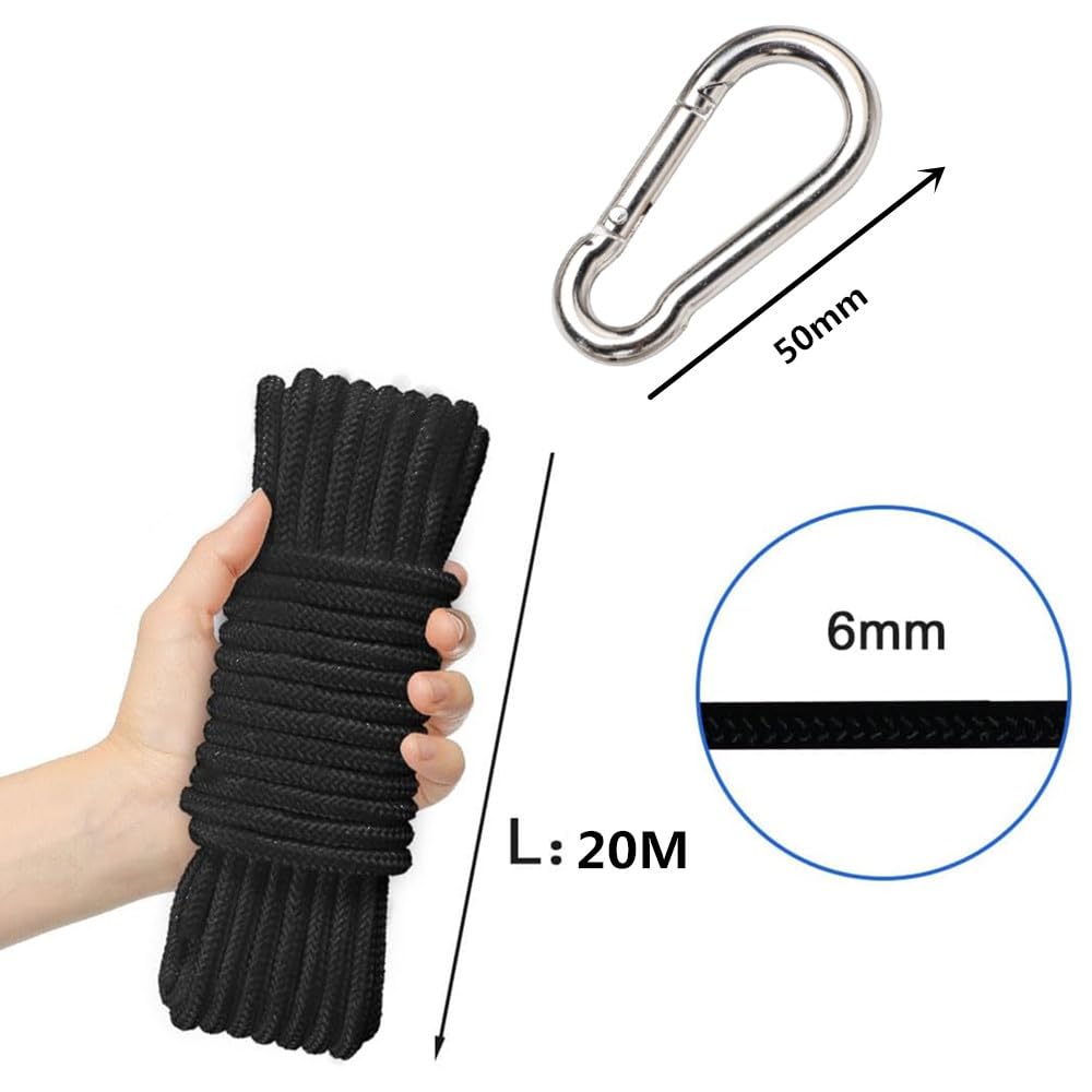 Corda per bandiere in nylon, 20 m, per casa, esterni, accessori (bianco), resistente alle intemperie, con 4 moschettoni, per ganci, barche a vela, giardino, campeggio