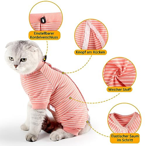 HEYWEAN Katzenbody Nach Op Kastration - Langärmeliger Body Streifen Katzenbekleidung - Halskrausen-Alternative für Operation Anti-leckende Nach Der Operation Tragen