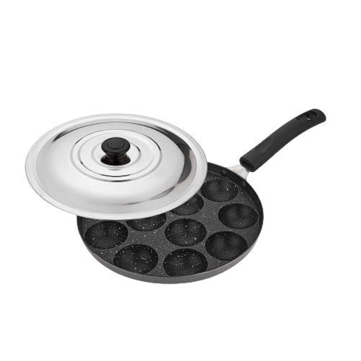 Attro Aluminium Non-Stick Heavy Duty 12 Cavity Appam Patra Paniyarakkal One Side Handle with Steel lid and Wooden Picker, Spatter Finish, (Marble Grey, Standard) ATR-APM-12-ONE-HN-DL (B08DGN7DZQ) Amazon Price History, Amazon Price Tracker