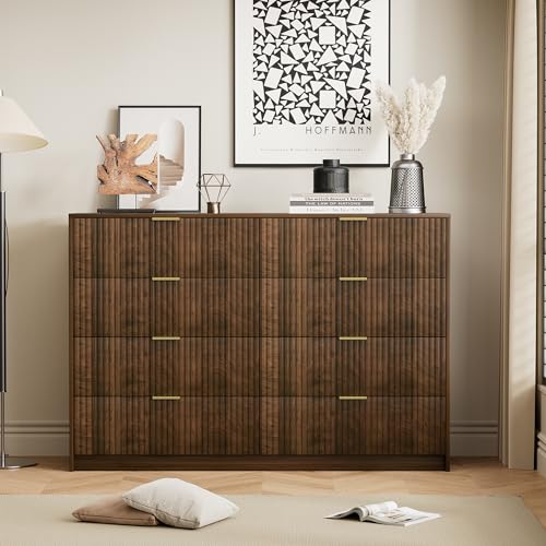 Image of Furniway Walnut Dresser for Bedroom, Modern Dresser with 8 Drawers and Smooth Slides, Wide Chest of Drawers with Golden Handles for Bedroom, Closet, 15.7 inch D x 55 inch W x 37.4 inch H