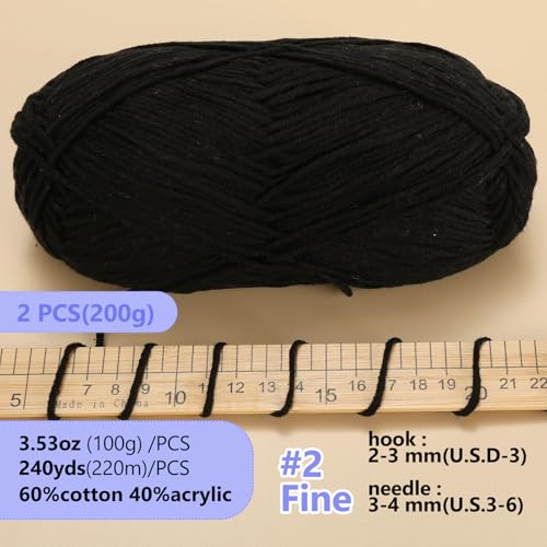 Image of 200g Milk Cotton Yarn for Crochet & Amigurumi - Soft Yarn for Sweaters, Hats, Socks & Blankets (Black)