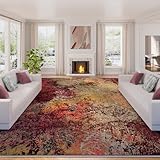 Arbosofe Modern Abstract Rug for Living Room, 8'x10' Washable Area Rug with Non-Slip Backing & Short Pile, Large Carpet with Abstract Pattern for Living Room Bedroom and Dining Floor Carpet Red Orange