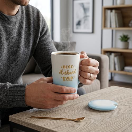 Image of ZAICUS Best Husband Ever Coffee Mug with Lid & Spoon, Gift for Husband | Suitable for Hot & Cold Beverages | Ceramic Mug | Elegant White & Blue Finish