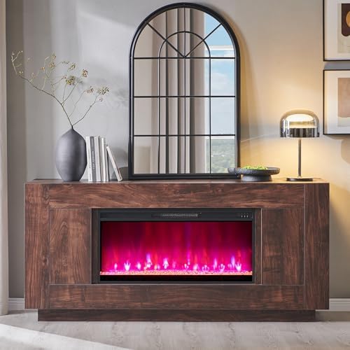 OKD 70" Fireplace TV Stand for 80" TV, Thick Block Media Console, Walnut
