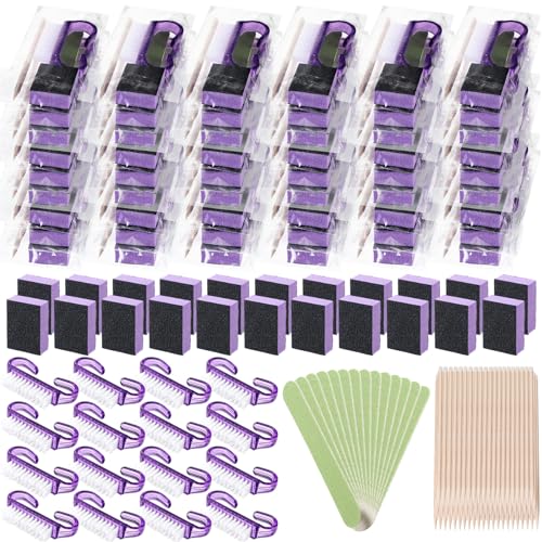 Leriton 100セット プロフェッショナル 使い捨てマニキュアキット ベーシック 4ピース ネイルキット ウッドネイルファイル 100/180グリット、ミニバッファー 80/100グリット、ウッドスティックとハンドルグリップブラシギフト(パープル)