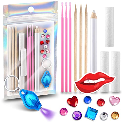 200 Pieces DIY Tooth Gem Kit Temporary Teeth Jewelry Artificial Dental Tooth Gem Removable Tooth Crystal Ornaments with Cotton Rolls, Swabs, Wood Sticks, Pen, Light for Skilled Starter Teeth Decor
