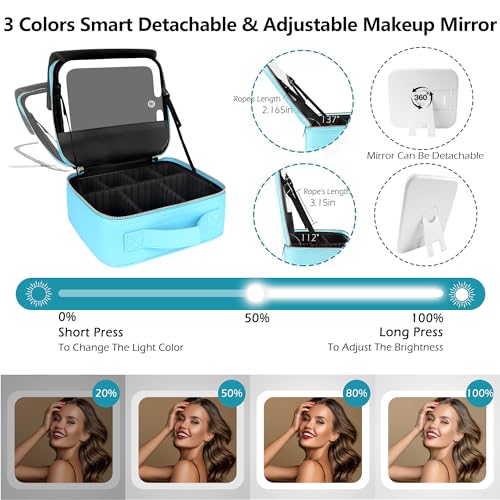 Image of MOMIRA Travel Makeup Bag Cosmetic Bag with Lighted Mirror, Adjustable Brightness in 3 Color Scenarios, Waterproof, 10x Magnifying Mirror, Rotatable Independent Light Mirror- Diamond Blue(Solid)