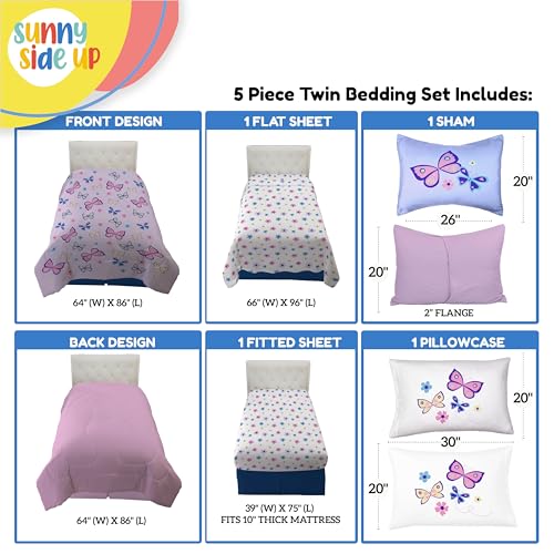 Image of Sunny Side Up Butterfly Twin Comforter Set - 5 Piece Kids Bedding Includes Comforter, Sheets & Pillow Cover - Super Soft Purple Floral Microfiber Bed Set