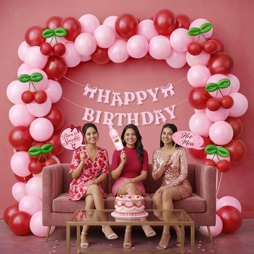 Image of Party Propz Cherry Theme Birthday Decoration Kit -115 Pcs, Birthday Decoration Items with Cherry Theme Props, Happy Birthday Banner, Balloons for Birthday, Birthday Decor Kit for Girls (Cardstock)