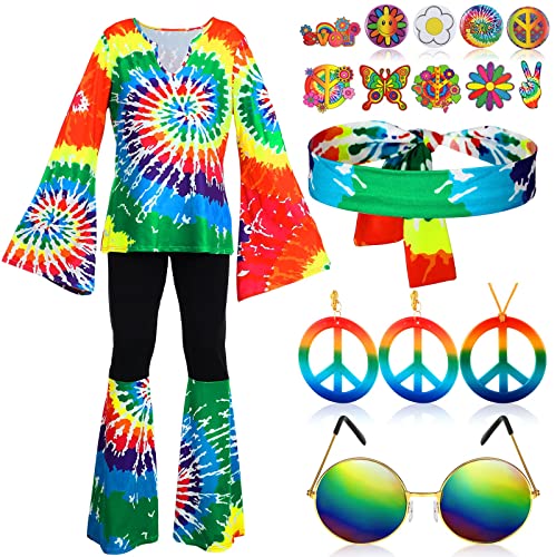 Jiuguva 17pcs 60s 70s Outfits for Women Hippie Costume Set