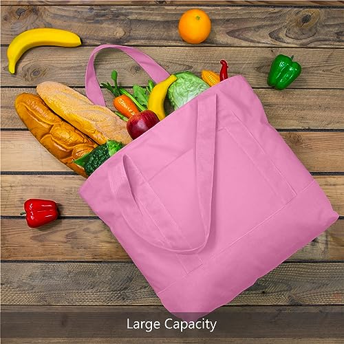 Image of TOPDesign 6-Pack Canvas Tote Bags with an External Pocket, Reusable Grocery Shopping Bags, Top Zipper Closure, Daily Essentials (Pink)