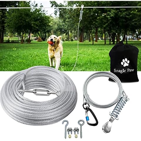 Snagle Paw Dog Tie Out Runner for Yard,Trolley System for Large Dogs, Dog Zipline Aerial Tie Out Cable 100ft with 10ft Pulley Runner Line for Dogs Up to 250lbs for Yard or Camping Cover