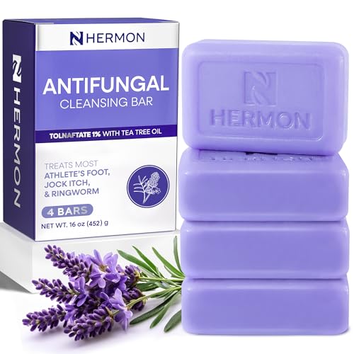 Hermon Antifungal Soap with Tea Tree Oil: Antifungal Bar Soothing Care &amp; Relief of Itchy for Ringworm, Jock Itch, &amp; Athletes Foot - Body &amp; Face Wash - Lavender - 4 Pack