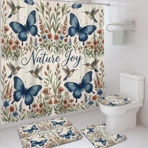 Rideau de douche anti-éclaboussures imprimé bleu fleur et colibri - 2