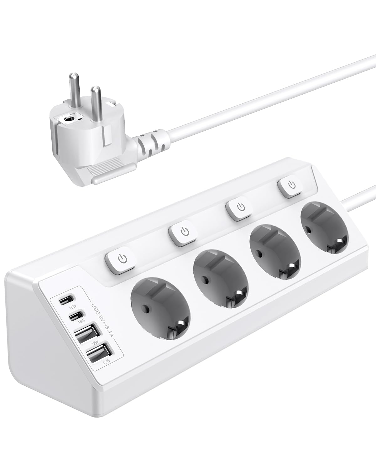 Vipwell Ecksteckdose mit Unabhängigem Schalter, Steckdosenleiste Mit 4 USB (2 USB C)+4 Fach Steckdose Mit Kindersicherung, 3680W, 2M Verlängerungskabel für Küche, Büro, Haushalt (Weiß)