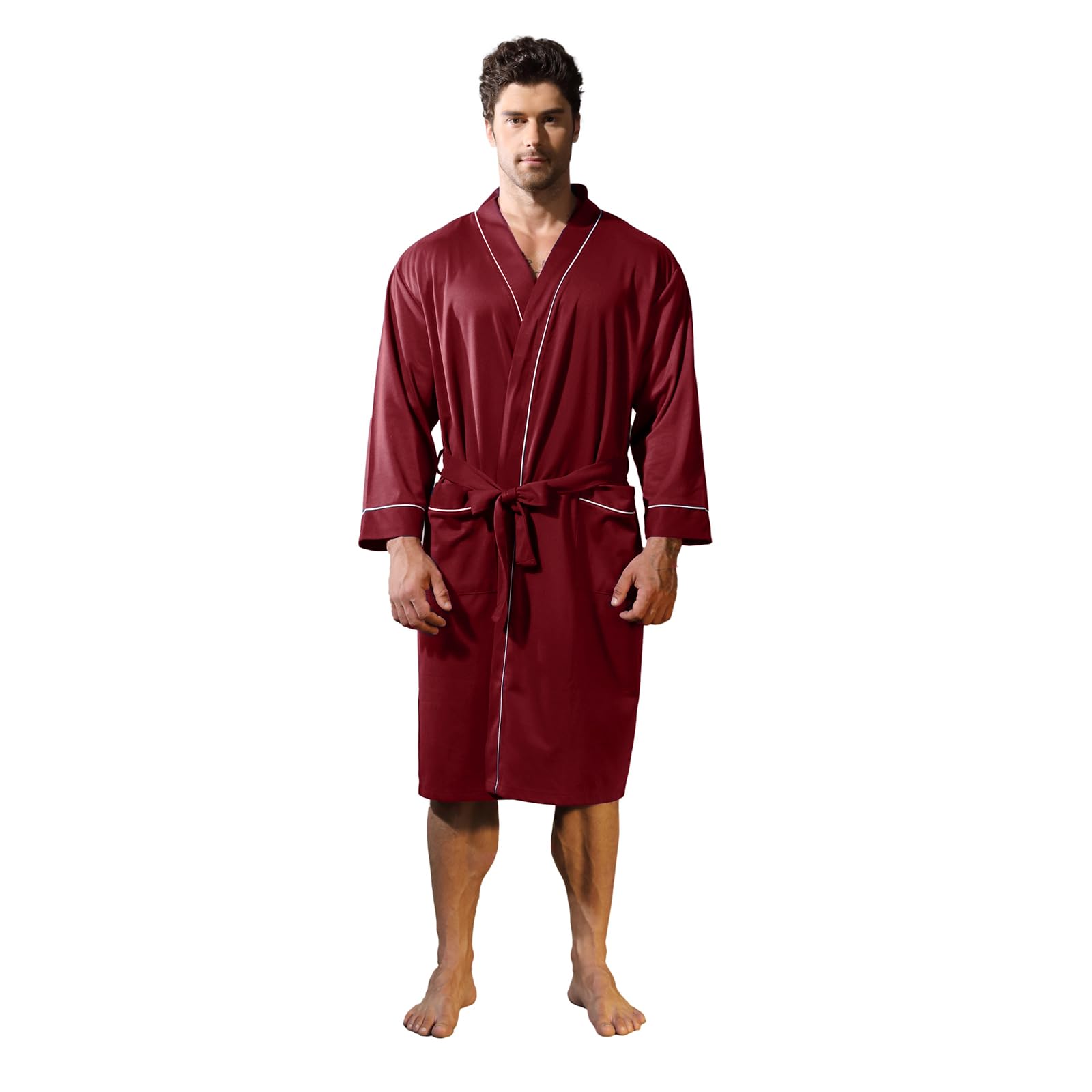 Lagtew Mens Kimono Robe Lightweight Soft Bathrobe Sleepwear Loungewear with Pockets, Burgundy, Small