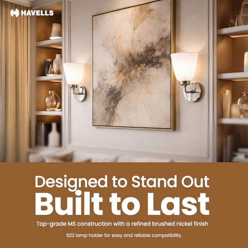 Image of Havells Floretine Indoor Wall Light | Brushed Nickel MS Frame & Opal White Diffuser | B22 Holder Compatible | Elegant Lighting for Bedrooms, Living Rooms & Hallways