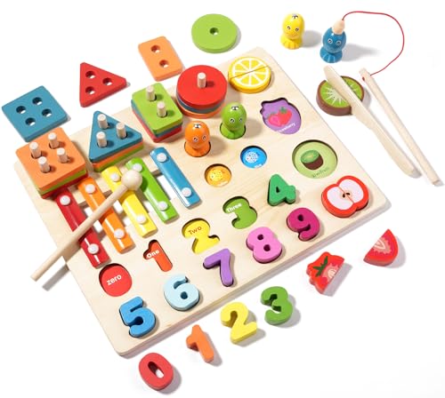 Image of Montessori Wooden Toys for Kids Toddlers Fishing Game Number Puzzles Shape Sorter Stacking Toy Wood Xylophone Cutting Fruit Color Matching Games Preschool Educational Fine Motor Skills Toy ( 5-in-1 )