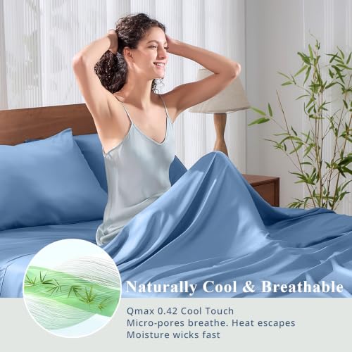 Image of King Size Sheet Set, Viscose Bamboo Sheets for Bed Set 4pcs, 100% Viscose Derived from Bamboo, Hotel Luxury Silky & Cooling for Hot Sleepers, Deep Pocket Up to 17 inch, Light Blue