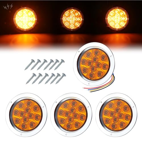 TMH (4 Pack 4 Inch Amber LED Strobe Trailer Tail Lights, 12 LED Flush Mount, Chrome Bezel, Waterproof, Solid & Flashing Strobe Light, 12V for Truck, RV, Bus, Tow Vehicles