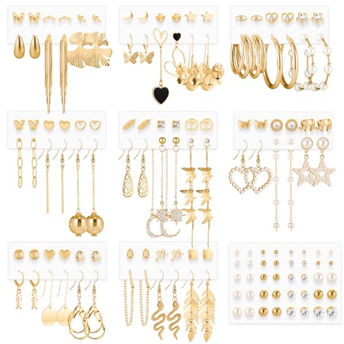 Gold Earrings for Women, Fashion Dangle Earrings, Gold Stud Earrings Multipack, Funtopia 68 Pairs Pearl Statement Earrings for Birthday Party, Holiday Earrings Variety Pack
