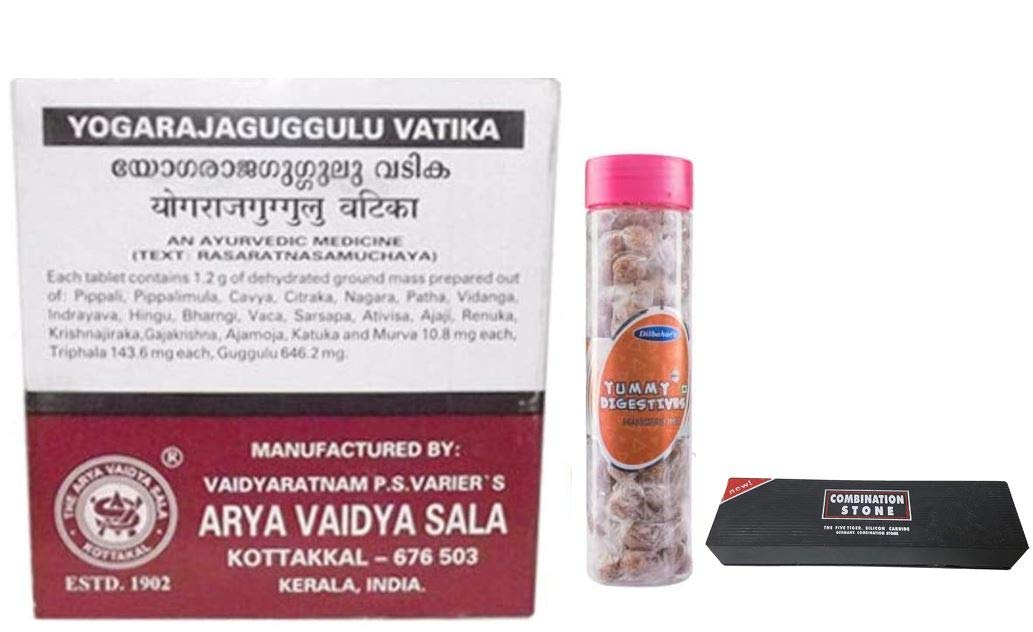 Kottakkal Arya Vaidya Sala YogarajaGuggulu Yogaraja Guggulu 100 Tablets, With Free Five Tiger Silicon Carbidee German Combination Dilbahars Yummy Digestives Manchali Imli 90gm