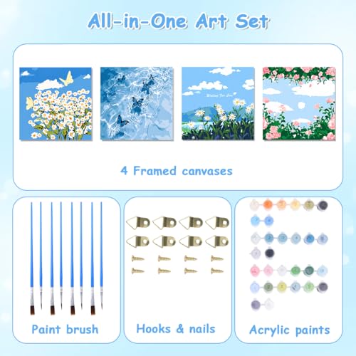 Image of HASTHIP 4PCS DIY Acrylic Paint by Numbers Kit with Frame, Floral & Landscape Canvas Art Set, Acrylic Paints & Brushes Included, Wall Decor Craft Kit for Adults & Beginners, 20x20cm