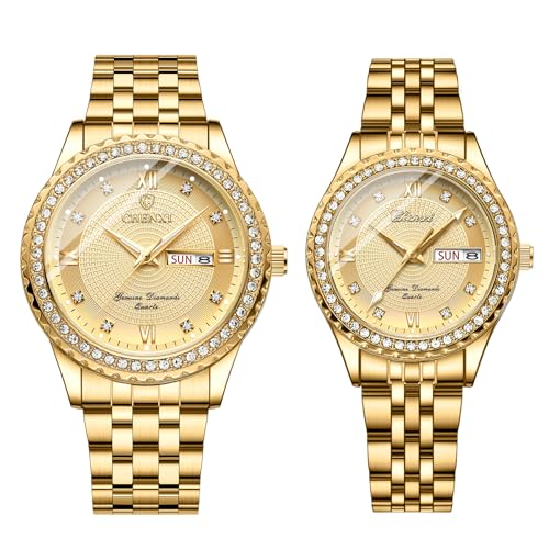 Image of JewelryWe Couple Gold Quartz Watch: Business Analog Full Diamond Day Date 3ATM Waterproof Luminous Hands Stainless Steel Removable Strap Casual Wrist Watch for Father's Day