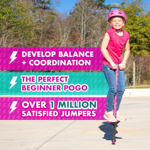 Image of Flybar Jolt Pogo Stick for Kids, Perfect for Beginners w /Foam-Covered Metal Frame, Handles & Padding, Non-Slip Foot Pads, Wide Tip, Outdoor Active Play Toy for Boys & Girls, Ages 6+, Pink Hearts