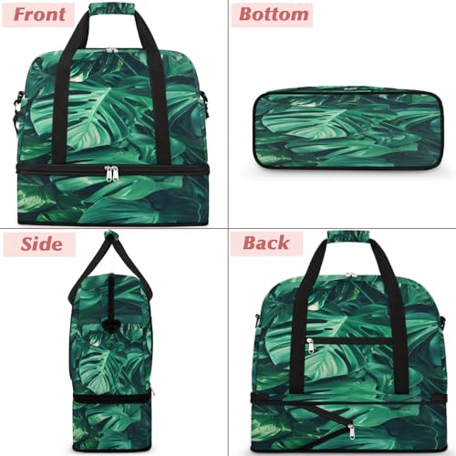 Travel Duffel Bag with Shoe Compartment, Green Tropical Leaves Shoulder Weekender Bags for Women, Foldable Waterproof Travel Bag Carry on Bag3