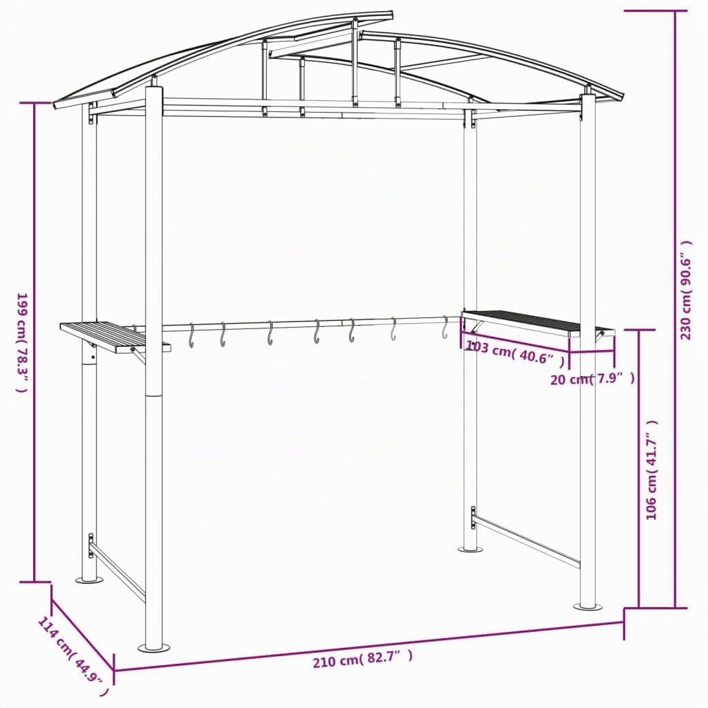 vidaXL Gazebo Barbecue Ripiani Laterali Antracite 210x114x230 Acciaio, gazebo barbecue ripiani laterali