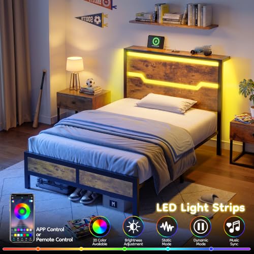 Image of Homkdom Twin Metal Bed Frame with LED Storage Headboard & USB Outlets Brown | Underbed Storage for Saving Space, Noise-Free Quiet Sleep Setup for Teens Room, College Dorms & Small Studio Apartments