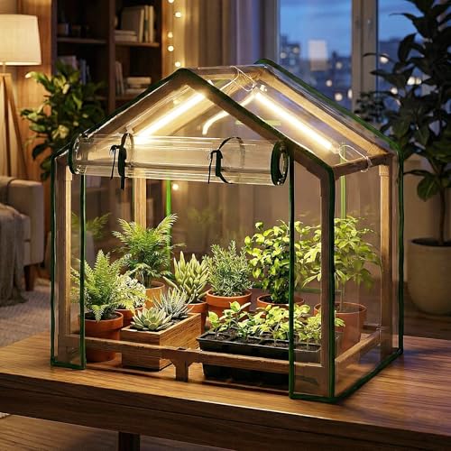 Bamworld Mini Greenhouse Indoor Desktop with Grow Lights Small Grow Tent Reusable Portable Warm House with PE Cover Ventilation Window for Seed Starting