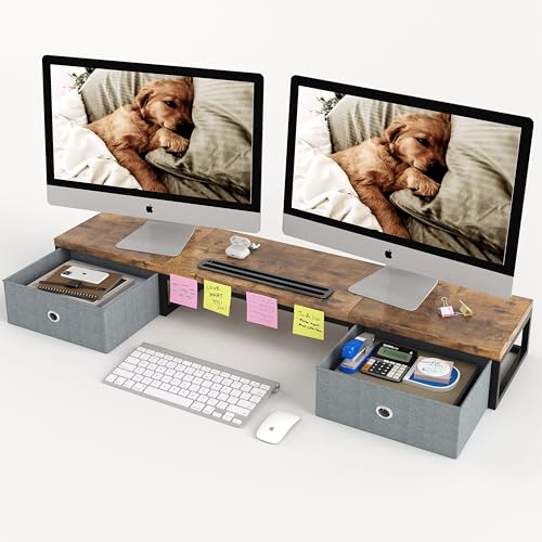 Support de moniteur à double écran avec 2 tiroirs, 100 cm, grand support d'ordinateur pour 2 moniteurs, organisateur de bureau en bois, parfait pour bureau...