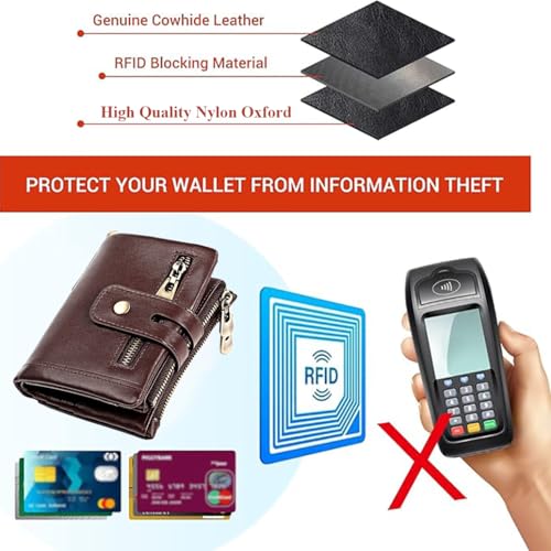 Chain Wallet for Men Genuine Leather Bifold Wallets Rfid Blocking Men Purse Double Zipper Coin Pocket with Anti-Theft Chain3