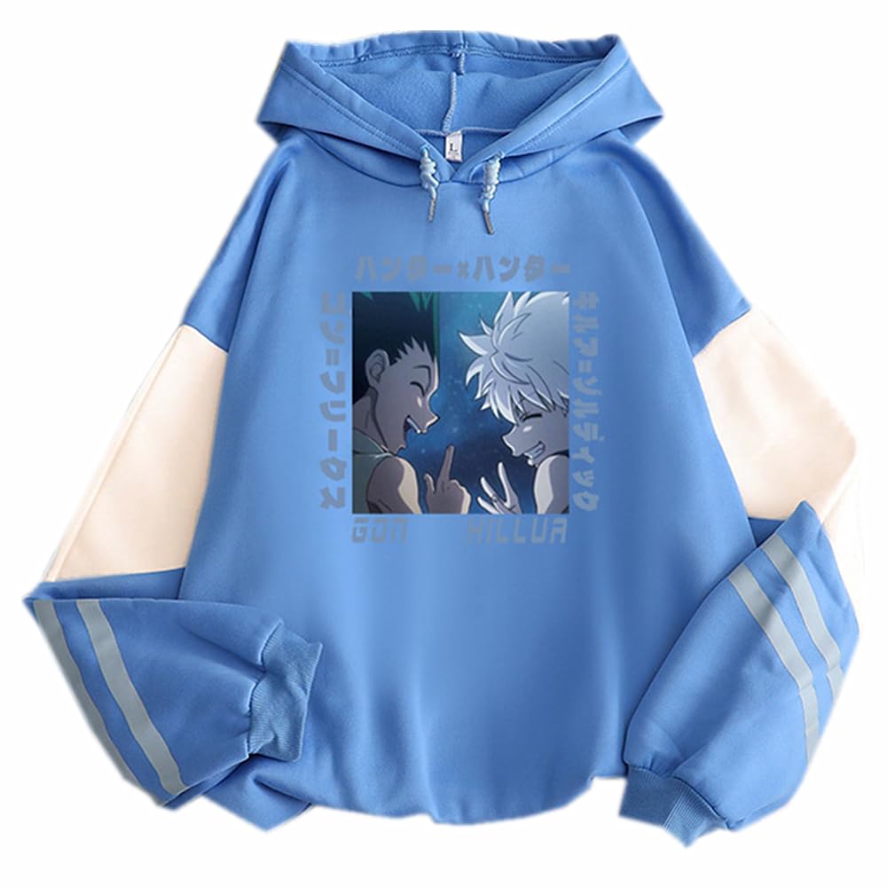 Charous Unisex Blue Anime Hunter×Hunter Cosplay Killua Gon Cartoon Print Hoodie Splicing Color Soft Sweatshirt Used For Manga Fans