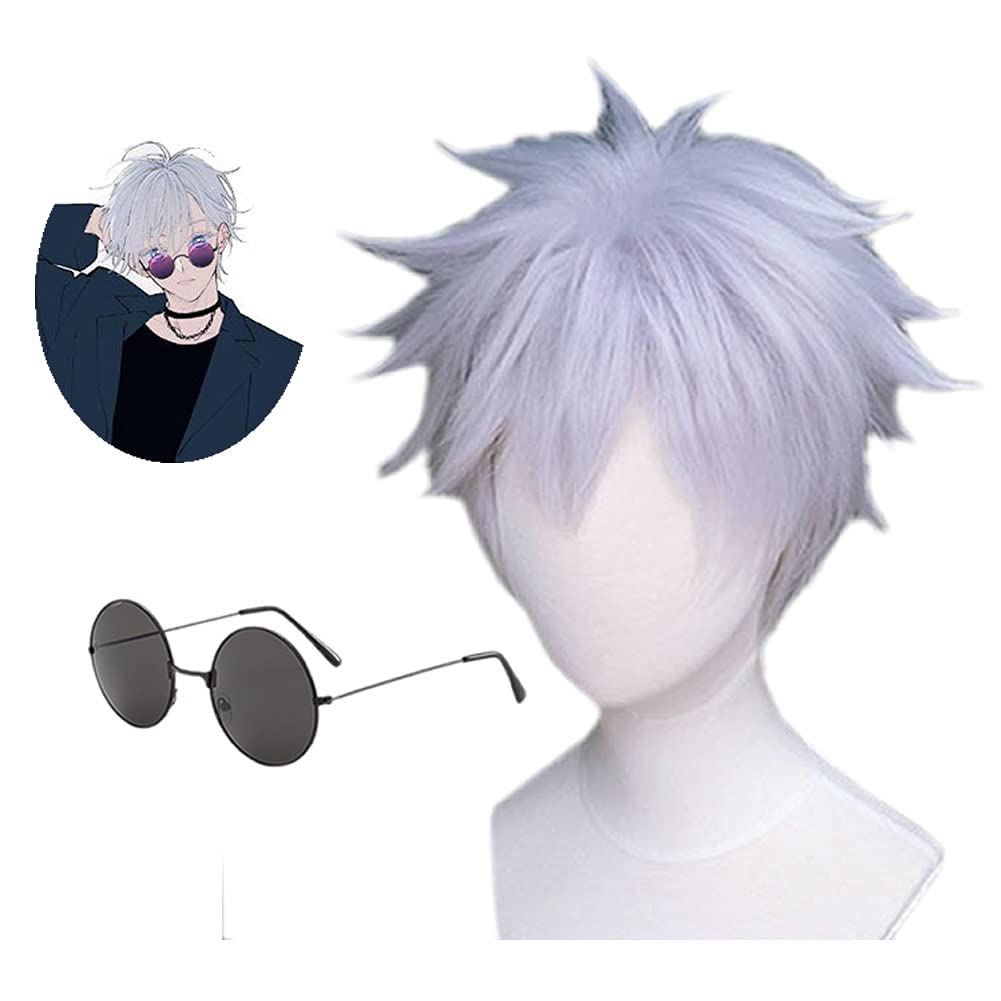 FHLONG Gojo Satoru Wig, Amine Cosplay short Hair with Glasses
