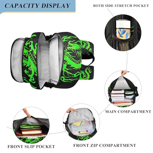 Green Dragon Black Backpack for School Boys Girls, Front Flap School Bag, 17 Inch Durable Backpack for Kids, Age 6-124