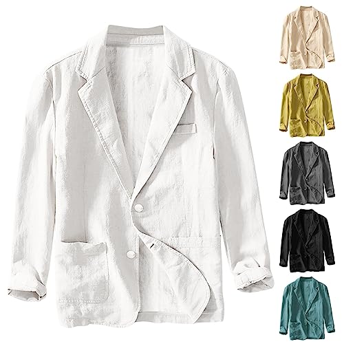 Mens Blazer Casual Cotton-Linen Sport Coat Solid Color Lapel Collar Lightweight 2 Button Unlined Work Suit Jackets4