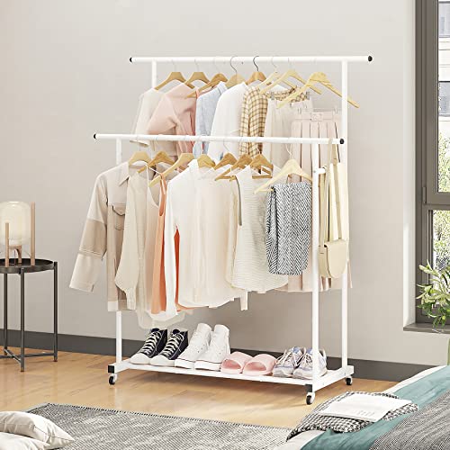 Calmootey Double Rod Clothing Garment Rack,Rolling Hanging Clothes Rack,Portable Clothes Organizer For Bedroom,Living Room,Clothing Store,White #TOP5