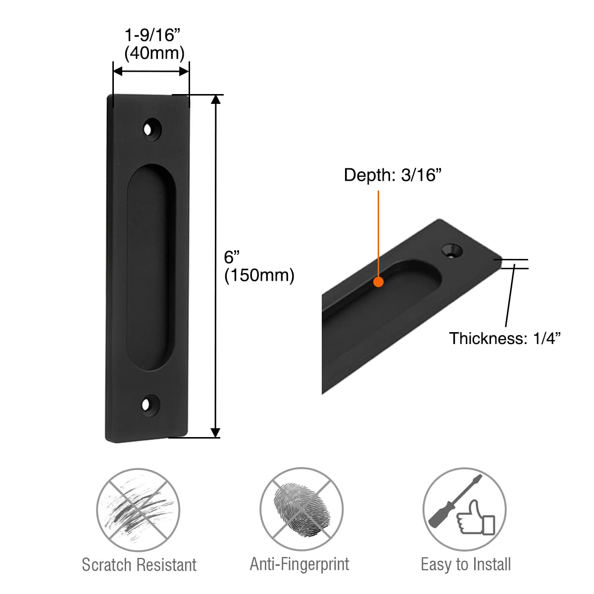 2 Stück 15,2 cm Schiebetürgriffe, rechteckige Taschentürgriffe, Bauernhaus, rustikaler Stil, Schiebetürbeschläge, mattschwarz