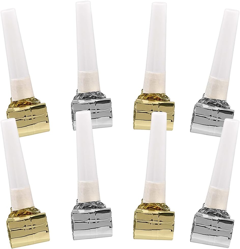 Elegant Birthday Accessories Silver & Gold Foil Blowouts - 13.75" (Pack of 8) -Festive Noisemakers, Perfect for Unforgettable Celebrations, & Parties