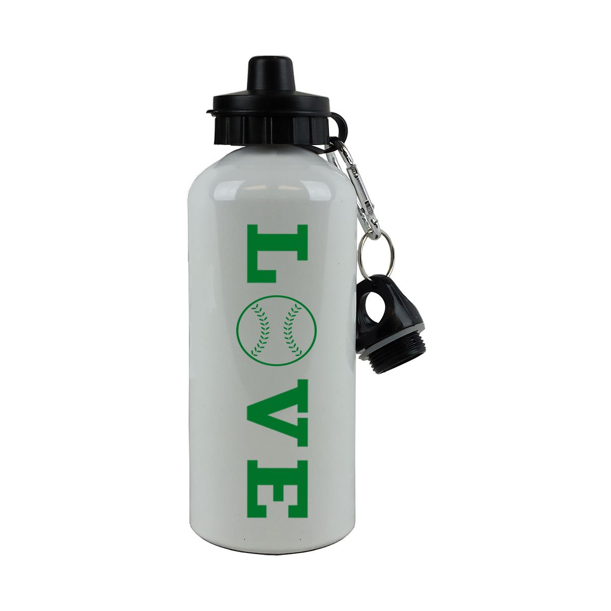 Love Baseball/Softball Sports Team Aluminium weiß Finish 20 Unze 600 ml Sport Wasser Flasche mit Karabiner, grün