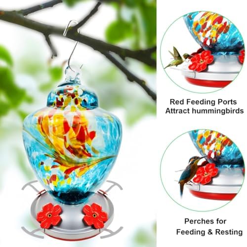 Hummingbird Feeder with Perch - Hand Blown Glass - 38 Fluid Ounces Blue Hummingbird Nectar Capacity Including Hanging Wires and Moat Hook Blue - 3