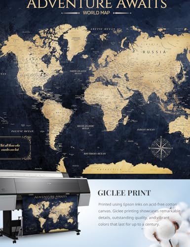 Image of IPIC - Push Pin World Map Canvas Wall Art, Oversized World Travel Map Print To Track Your Travels, Pinnable Wall Decor for Home, Office, Study or RV, Ready to Hang, Made in USA